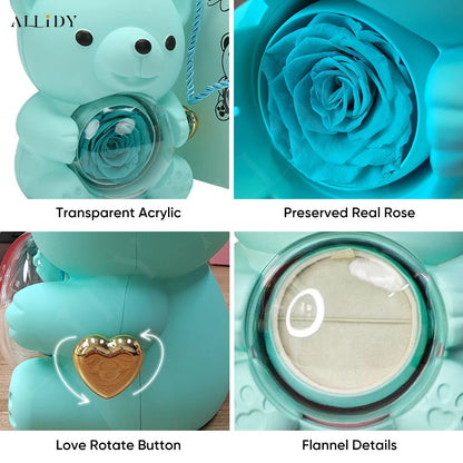 New Christmas Gift Box Blue Real Preserved Eternal Rose Rotating Teddy Bear with Engraved Name Necklace Jewelry Gift Boxes Set