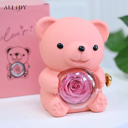 2024New Surprise Gift Ideas Real Preserved Eternal Rose Teddy Bear Necklace Ring Jewelry Box Christmas Valentine's Day Presents