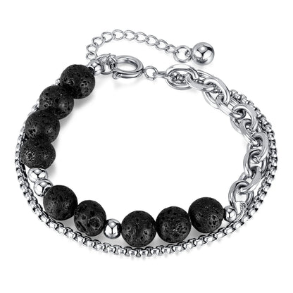 Men’s Double-Layer Lava Stone Chain Bracelet – Creative Stainless Steel Beaded Wristband, Street Style Fashion Accessory