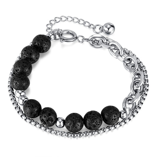 Men’s Double-Layer Lava Stone Chain Bracelet – Creative Stainless Steel Beaded Wristband, Street Style Fashion Accessory