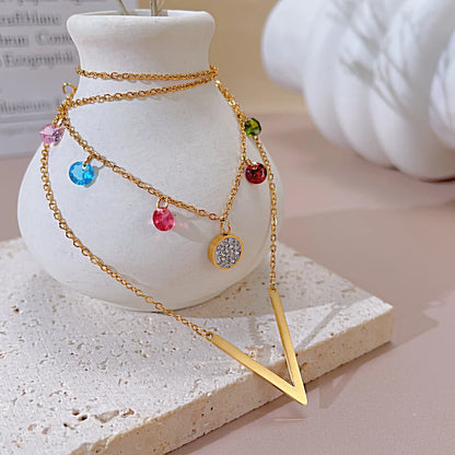 Trendy Double Layer Clavicle Necklace – Minimalist Stainless Steel Chain with Colorful Zircon for Women