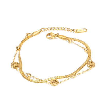 Vintage Double-Layer Tree of Life Bracelet for Women – Stainless Steel Snake Chain Layered Wrist Jewelry