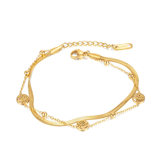 Vintage Double-Layer Tree of Life Bracelet for Women – Stainless Steel Snake Chain Layered Wrist Jewelry