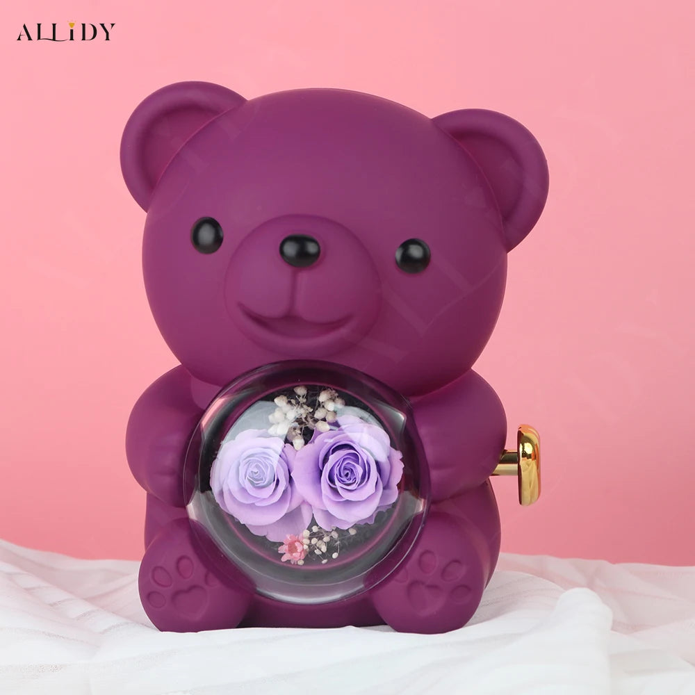 New Double Rose Eternal Rose Teddy Bear Jewelry Box with Custom Engraved Pendant Necklace – Perfect Valentine's Day Gift for Wom