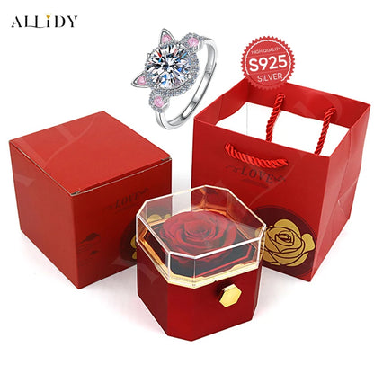 925 Sterling Silver Cute Cat Ear Design Artificial Zircon Ring with Eternal Rose Jewelry Gift Box Set for Girl Women