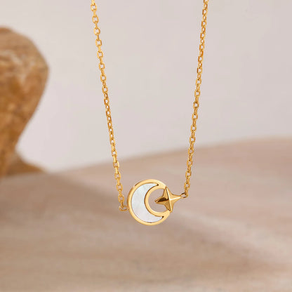 Fashion Versatile 4-Pointed Star Shell Moon Necklace for Women - Stylish Stainless Steel Titanium Steel Collarbone Chain Jewelry