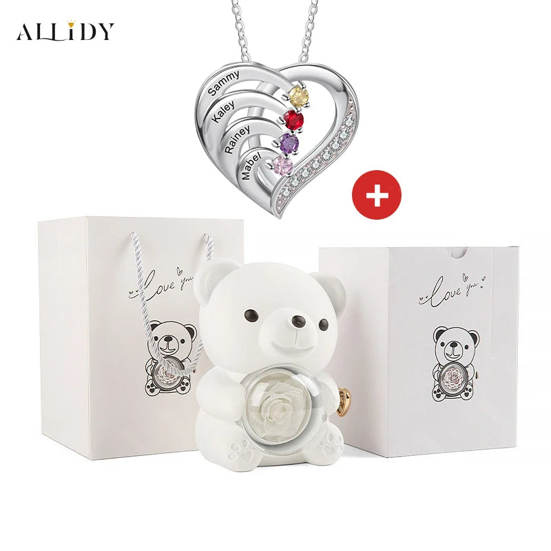 Fashion Personality Custom Engraved Name Heart Necklace and Eternal Rose Teddy Bear Jewelry Gift Box Christmas Valentine Women