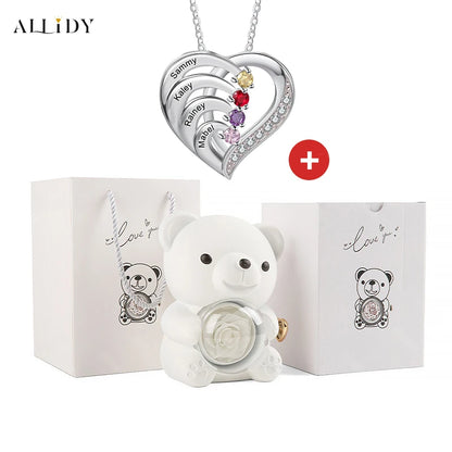 Fashion Personality Custom Engraved Name Heart Necklace and Eternal Rose Teddy Bear Jewelry Gift Box Christmas Valentine Women