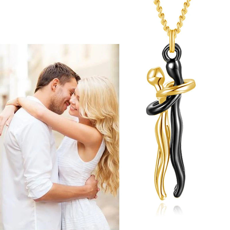 Couple Gift Set – Stainless Steel Hug Necklace, Real Preserved Rose in Drawer Jewelry Box – Romantic Holiday Gift for Him & Her