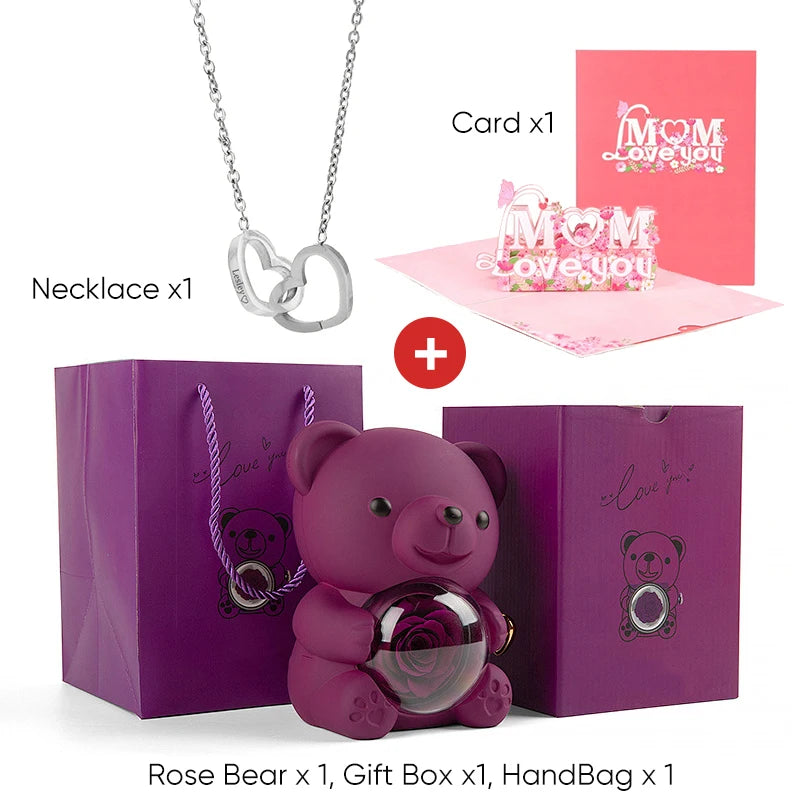2025 New Beautiful 3D Mother's Day Card Roses Teddy Bear and Necklace Best Personalized Unique Mother’s Day Gifts for Mom