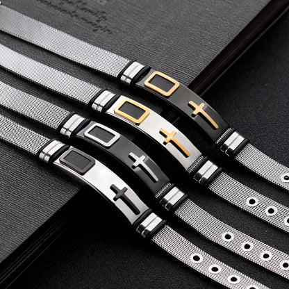 Men’s Vintage Punk Cross Bracelet – Titanium Steel Mesh Band Wristband, Gothic Fashion Jewelry