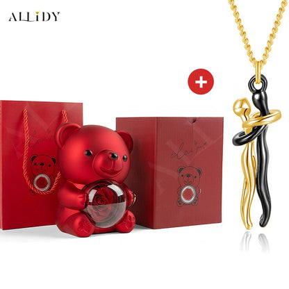 Hip Hop Embrace Couple Pendant Necklace Adjustable Hugging Pendant Necklace and Eternal Rose Bear Jewelry Box Valentine Day Gift