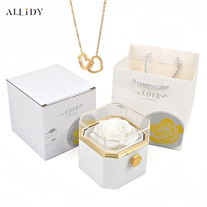 New Octagon Rotating Preserved Rose Proposal Surprise Jewelry Gift Box with Custom Name Necklace Set Holiday for Girlfriend