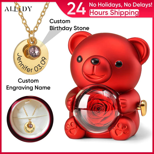 Custom Engraving Name Birthday Stone Pendant Necklace Real Preserved Rose Bear Jewelry Box Gifts Mothers Day Gifts for Women