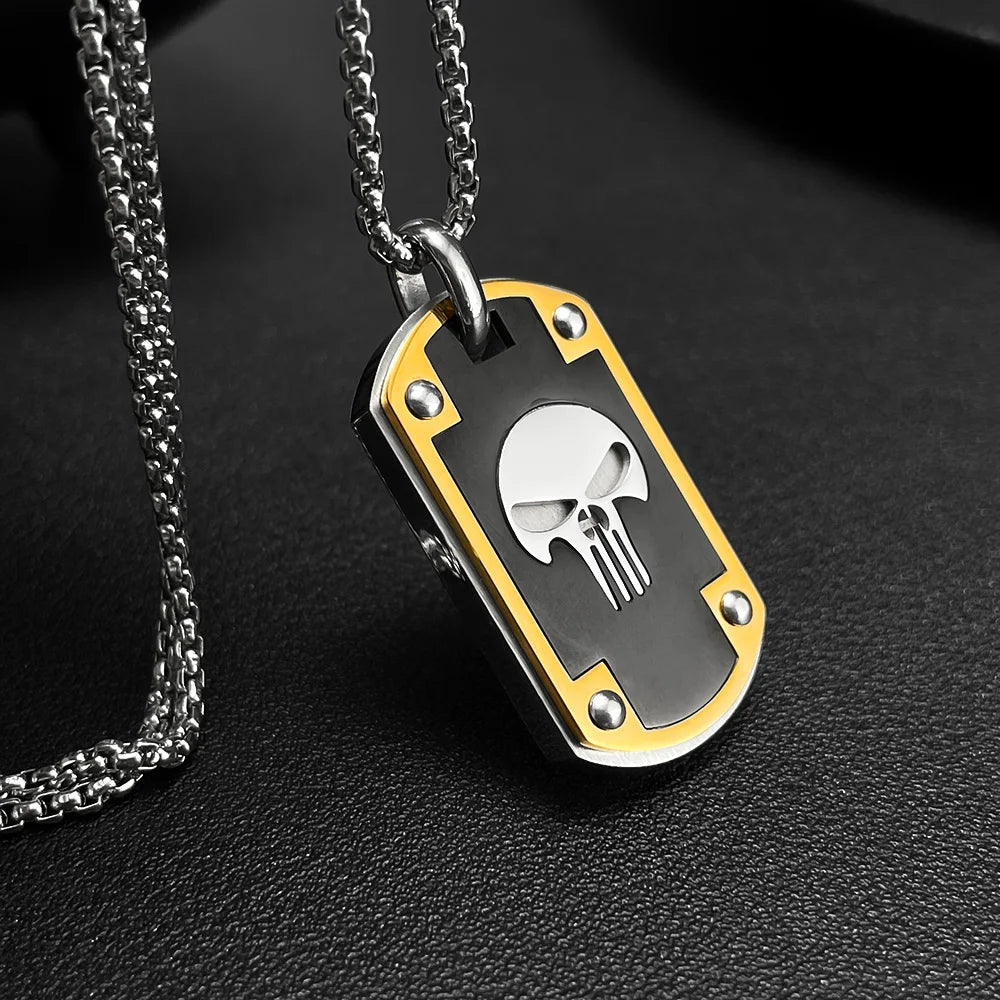 Men’s Skull Dog Tag Pendant Necklace – Hip Hop Military Style Stainless Steel Chain