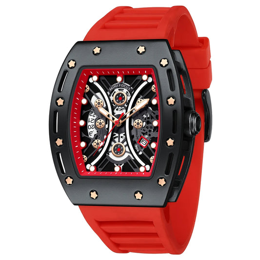 MINIFOCUS Men’s Hot Barrel‑Shaped Sport Watch Curved Glass Skeleton Dial Automatic Luminous Waterproof Watch Gift for Boyfriend