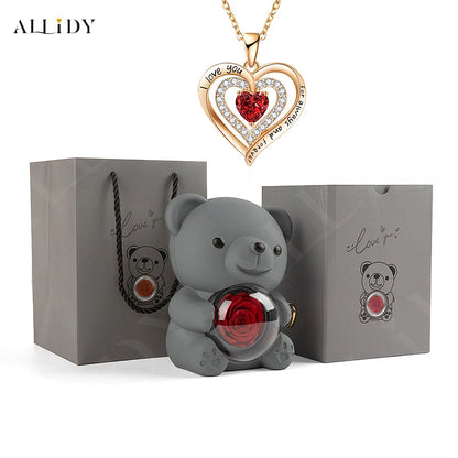 Luxury Red Zircon Pendant Necklaces With Rose Bear Gift Box For Girlfriend Women I Love You Gifts 2024 Trendy Wedding Jewelry