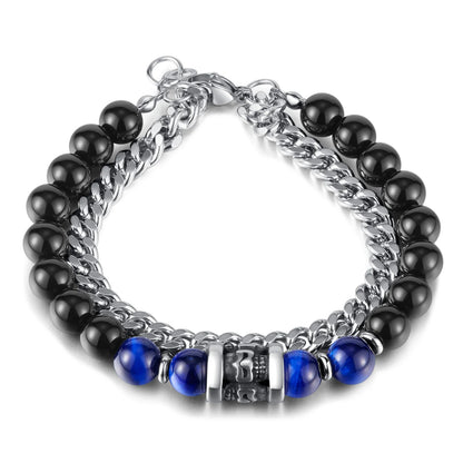 Men’s Double-Layer Cuban Chain Bracelet – Black Agate & Tiger Eye Beads, Stainless Steel Fashion Jewelry