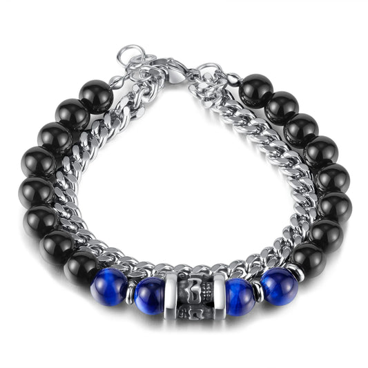 Men’s Double-Layer Cuban Chain Bracelet – Black Agate & Tiger Eye Beads, Stainless Steel Fashion Jewelry