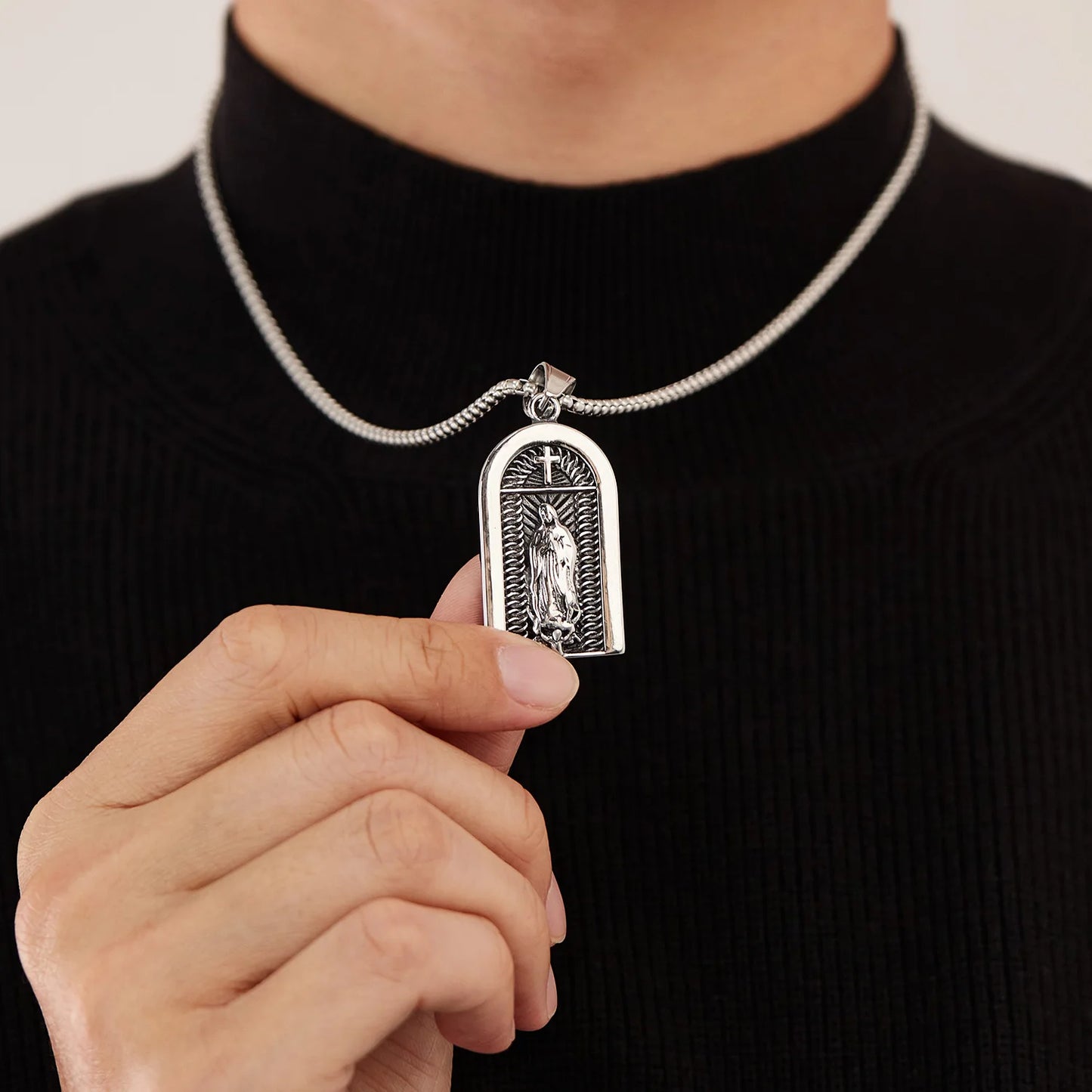 Men’s Retro Punk Cross & Geometric Block Pendant Necklace – Stainless Steel Titanium Hip Hop Jewelry
