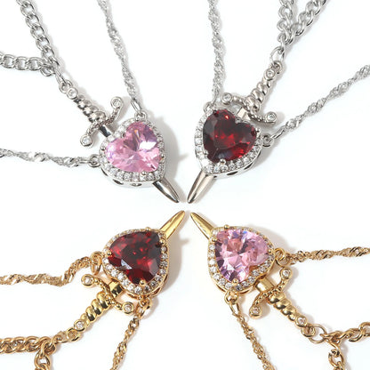 Heart and Sword Zircon Crystal Necklace 2pcs Women New Fashion Double Chain Pendant Female Mother's Day Gifts for Mom/Women