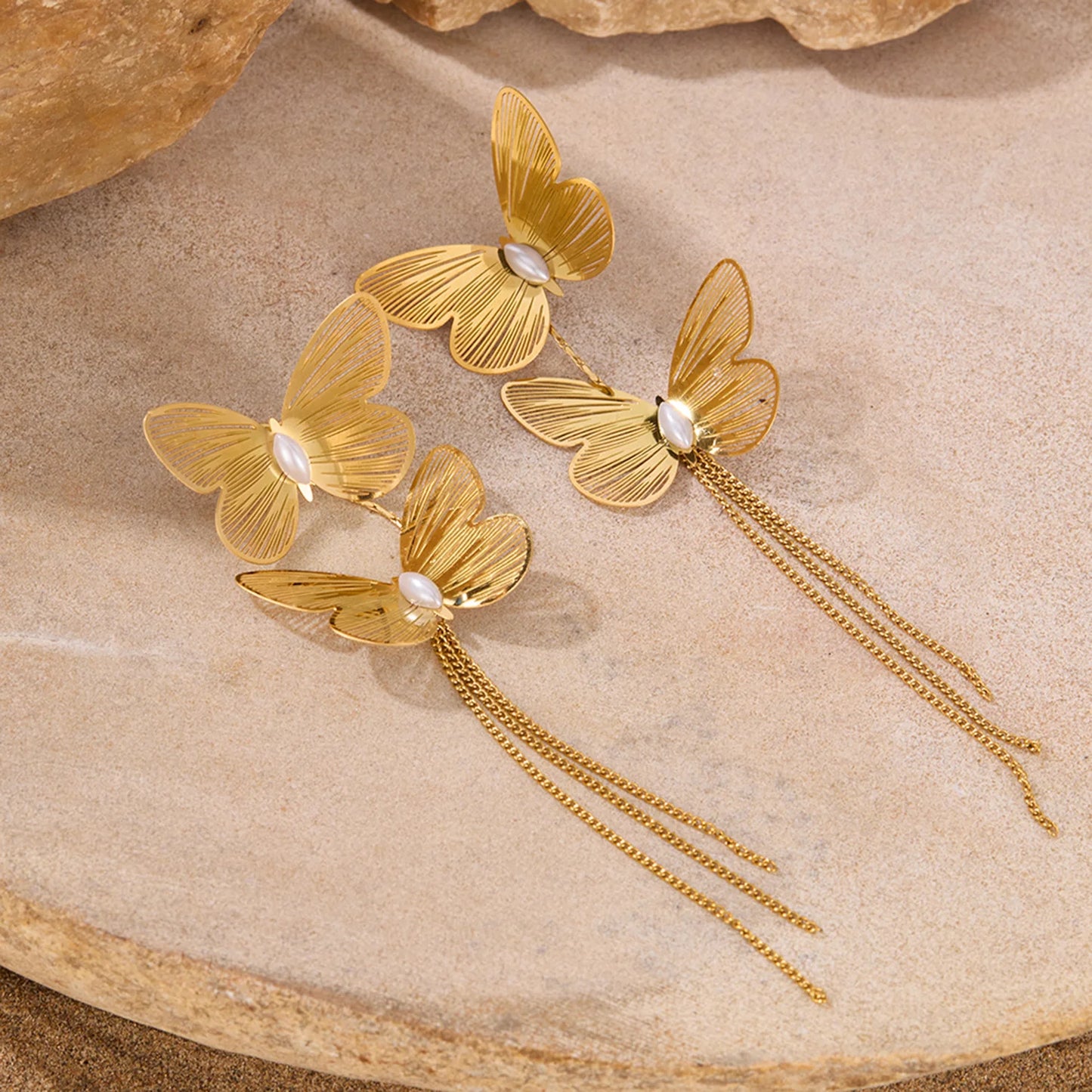 Luxury French Style Butterfly Tassel Earrings for Women – Bold Stainless Steel Titanium Statement Jewelry
