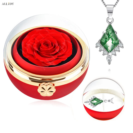 Creative Natural Green Moss Stone Pendant Stainless Steel Necklace With Real Preserved Rose Jewelry Box Christmas Gifts Set