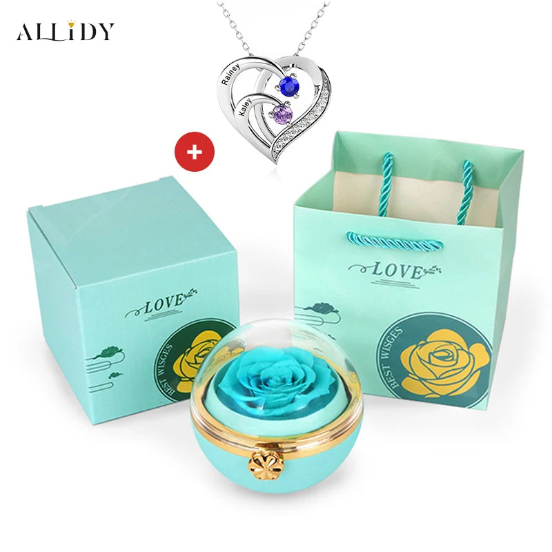 Personalized Heart Necklace with 2-4 Birthstones Custom Engraved Name Pendant Preserved Rose Jewelry Gift Box Christmas Women