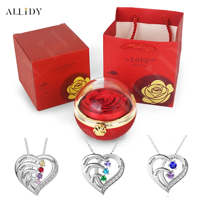 Personalized Heart Necklace with 2-4 Birthstones Custom Engraved Name Pendant Preserved Rose Jewelry Gift Box Christmas Women