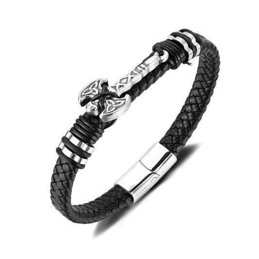 Men’s Axe Pendant Leather Bracelet – Braided Leather Wristband with Stainless & Titanium Steel, Bold Urban Style