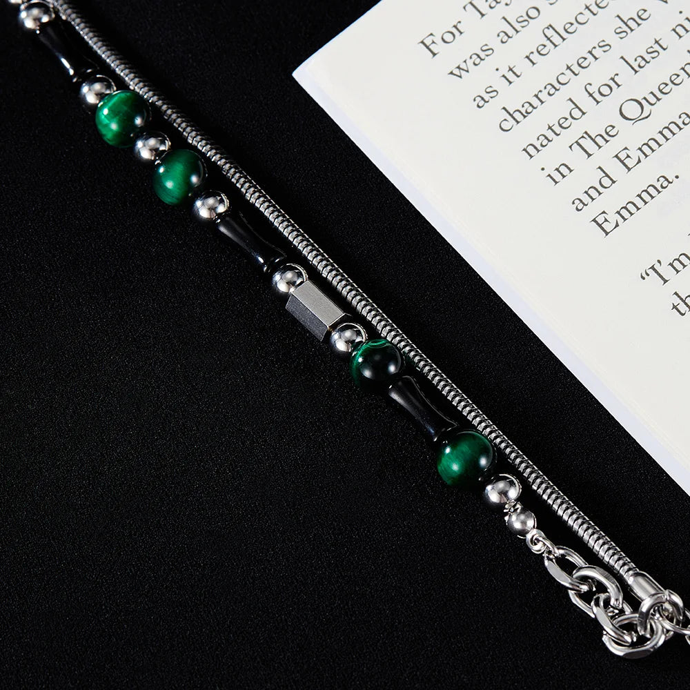 Men’s Double-Layer Green Tiger Eye Bracelet – Retro Stainless Steel Beaded Wristband with Black Bamboo Beads, High-End Design