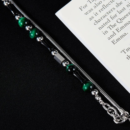 Men’s Double-Layer Green Tiger Eye Bracelet – Retro Stainless Steel Beaded Wristband with Black Bamboo Beads, High-End Design