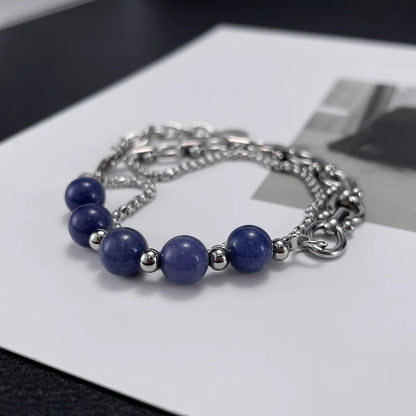 Unisex Double-Layer Chain Bracelet – Stainless Steel with Aventurine Stone, Niche Fashion Design for Men and Women