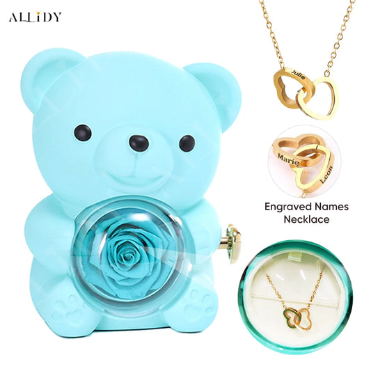 New Christmas Gift Box Blue Real Preserved Eternal Rose Rotating Teddy Bear with Engraved Name Necklace Jewelry Gift Boxes Set