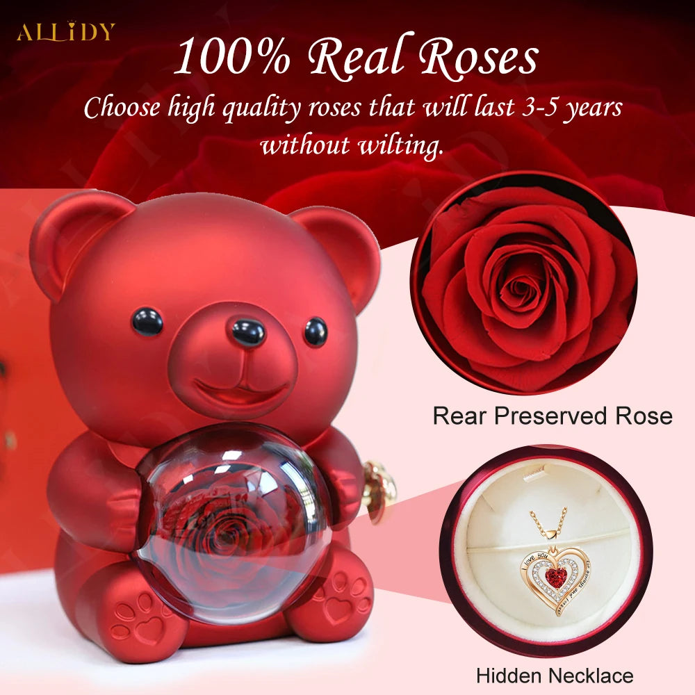 Luxury Red Zircon Pendant Necklaces With Rose Bear Gift Box For Girlfriend Women I Love You Gifts 2024 Trendy Wedding Jewelry