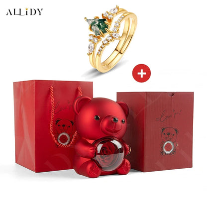 Natural Green Moss Stone Water Grass Agate High Quality Women's Two-piece Wedding Ring Set withReal Rose Bear Jewelry Gifts Set