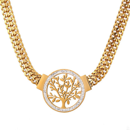 Vintage Fashion Life Tree Pendant Necklace Hollow Zircon Stainless Steel Necklace Bracelet Earrings Jewelry Set  Women's