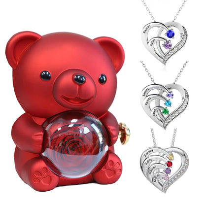 Fashion Personality Custom Engraved Name Heart Necklace and Eternal Rose Teddy Bear Jewelry Gift Box Christmas Valentine Women