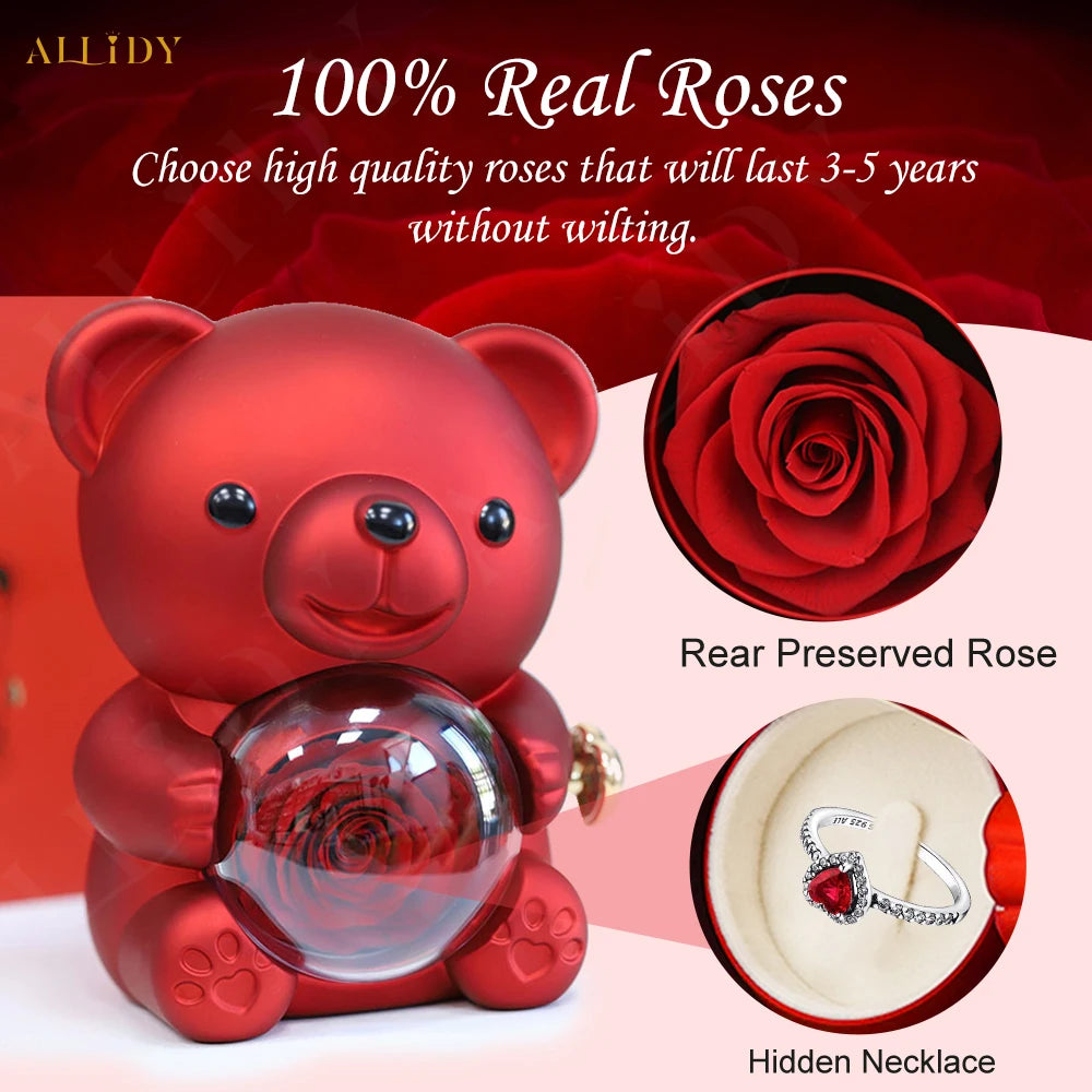 New Eternal Flower Rotating Rose Bear Jewelry Box Exquisite Women Shiny Heart Series Simple Ring Birthday Gift for Family