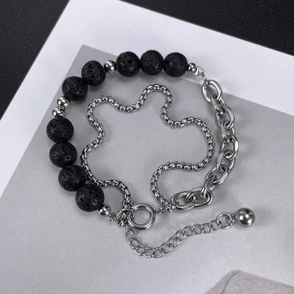 Men’s Double-Layer Lava Stone Chain Bracelet – Creative Stainless Steel Beaded Wristband, Street Style Fashion Accessory