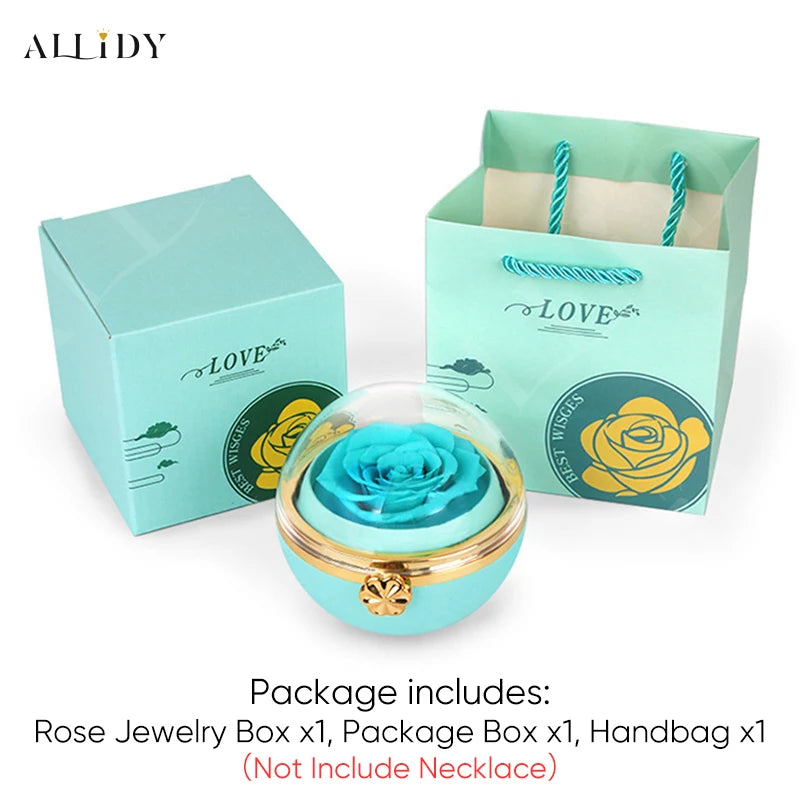 New Surprise Gift Idea Preserved Rose Round Ring or Necklace Jewelry Gift Box with Engraved Name Necklace for Girl Friend Mum