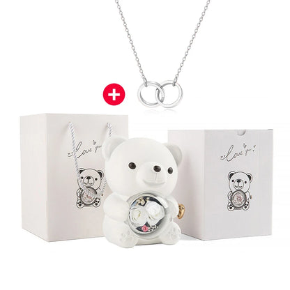 New Double Rose Eternal Rose Teddy Bear Jewelry Box with Custom Engraved Pendant Necklace – Perfect Valentine's Day Gift for Wom