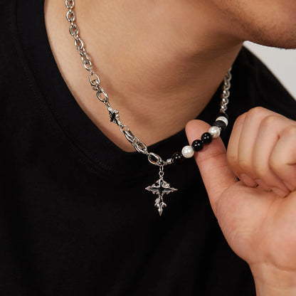 Unisex Cross Pendant Necklace – Stainless Steel with Volcanic Stone & Pearl Beads, Hip Hop Street Style
