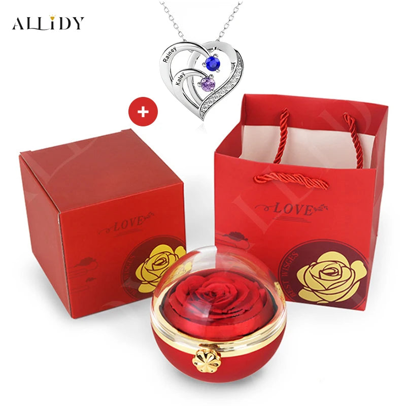 Personalized Heart Necklace with 2-4 Birthstones Custom Engraved Name Pendant Preserved Rose Jewelry Gift Box Christmas Women