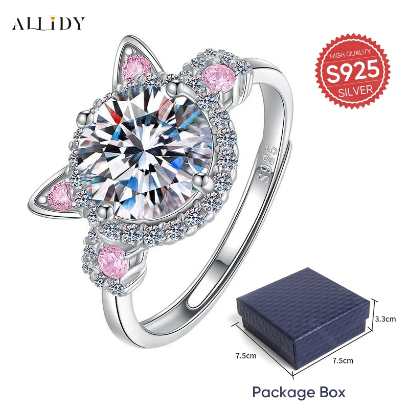 925 Sterling Silver Cute Cat Ear Design Artificial Zircon Ring with Eternal Rose Jewelry Gift Box Set for Girl Women