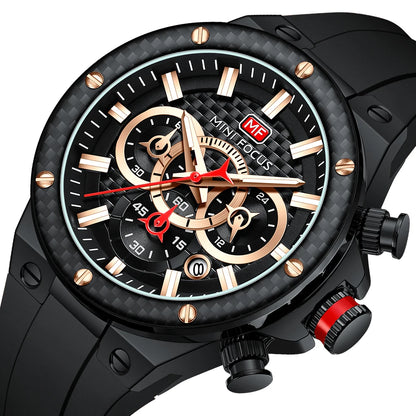 MINIFOCUS Men’s Sports Quartz Watch – Waterproof Chronograph Carbon Fiber Bezel Luminous Hands Multifunction Outdoor Timepiece