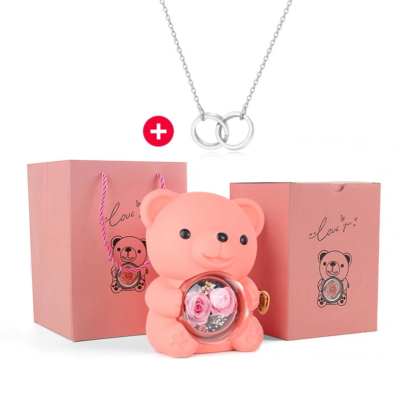 New Double Rose Eternal Rose Teddy Bear Jewelry Box with Custom Engraved Pendant Necklace – Perfect Valentine's Day Gift for Wom