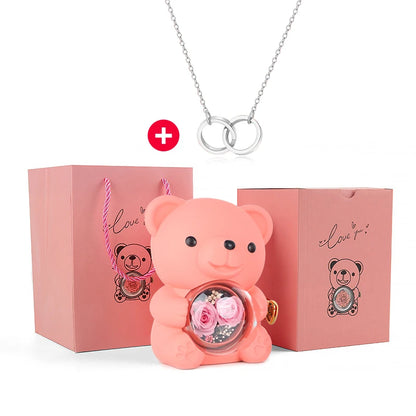 New Double Rose Eternal Rose Teddy Bear Jewelry Box with Custom Engraved Pendant Necklace – Perfect Valentine's Day Gift for Wom