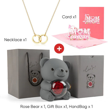 Mother's Day Gift Set Personalized Custom Necklace & Eternal Rose Teddy Bear and Beautiful Card Unique Jewelry Gift for Mom