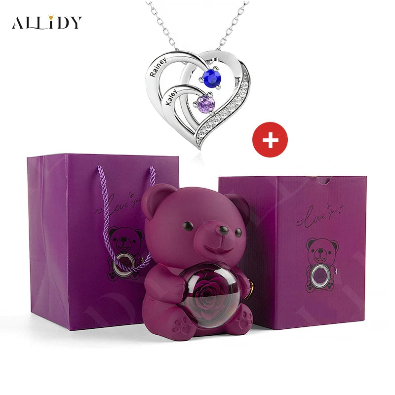 Fashion Personality Custom Engraved Name Heart Necklace and Eternal Rose Teddy Bear Jewelry Gift Box Christmas Valentine Women